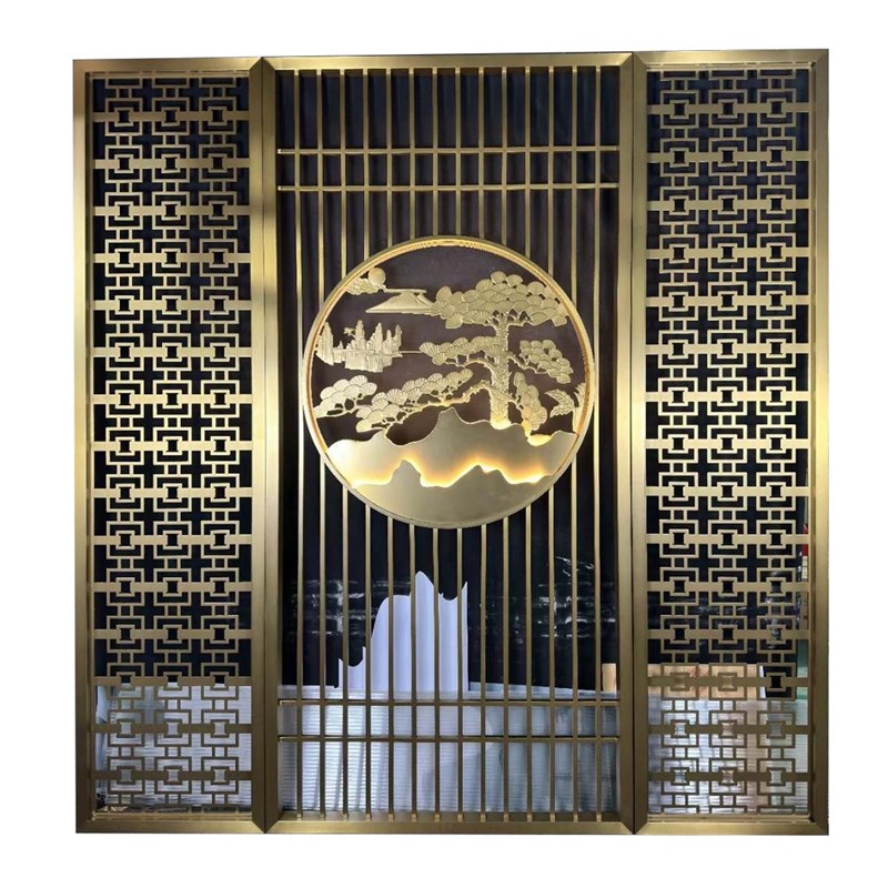 定制轻奢客厅入户玄关隔断金属雕花镂空花格背景墙中式不锈钢屏风