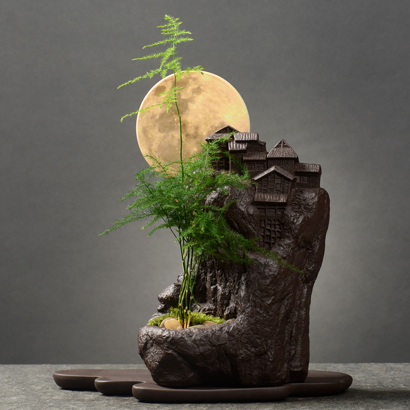 创意盆栽盆景仿古紫砂花盆 室内桌面个性绿植大号透气花器带托盘