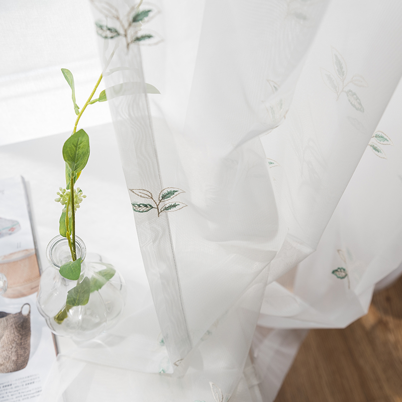 美式纱帘阳台纱白色网纱窗帘窗纱叶子树叶小清新客厅卧室飘窗布料