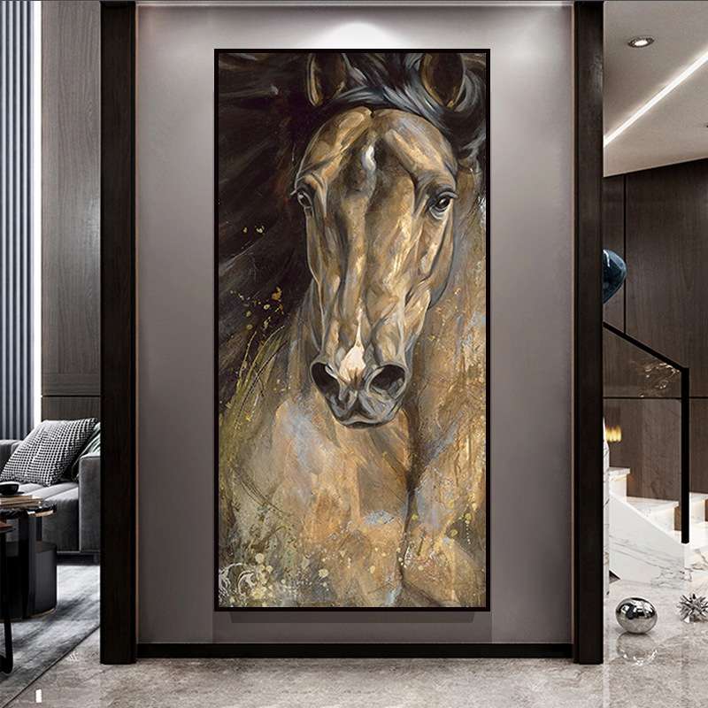 抽象油画手绘骏马入户玄关装饰画现代轻奢走廊背景墙大幅动物挂画图片