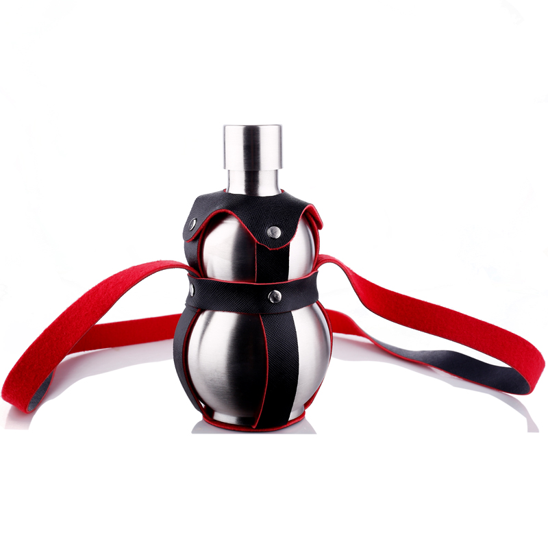 304不锈钢葫芦酒壶 户外便携酒葫芦水J壶背带皮套 加厚不锈钢酒壶