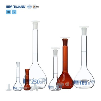 透明棕色玻璃容量瓶塑料塞AS级带1/10/25/50ml100250ml赫施曼