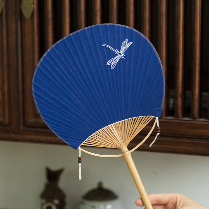 蓝染团扇手工刺绣复古B中式纳凉圆绣花布面扇子