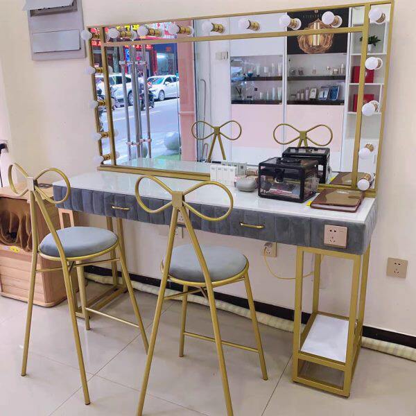 轻奢影楼梳妆台专业彩妆美容院镜子美甲工作室婚纱店化妆带灯镜子