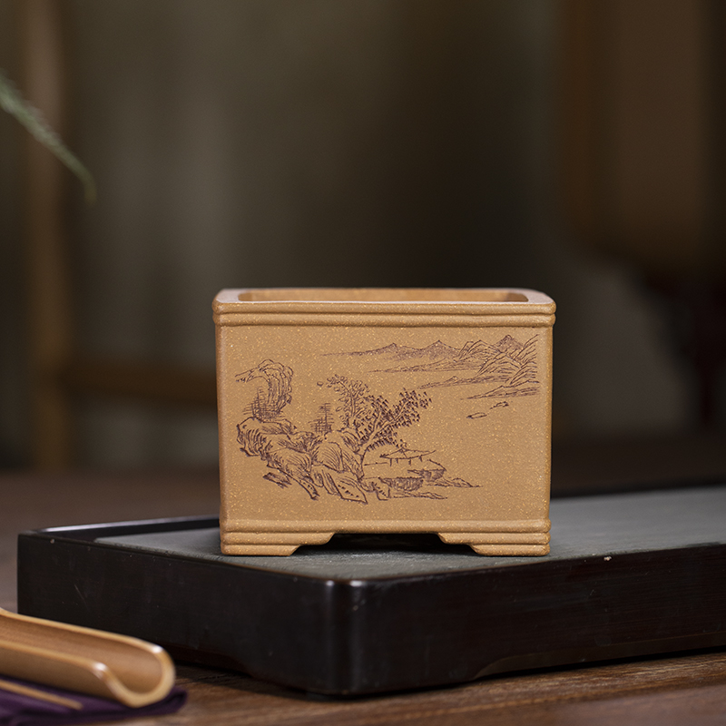 清香阁 降坡泥五j线四方紫砂花盆 名家手工松柏小桩盆景桌面古典