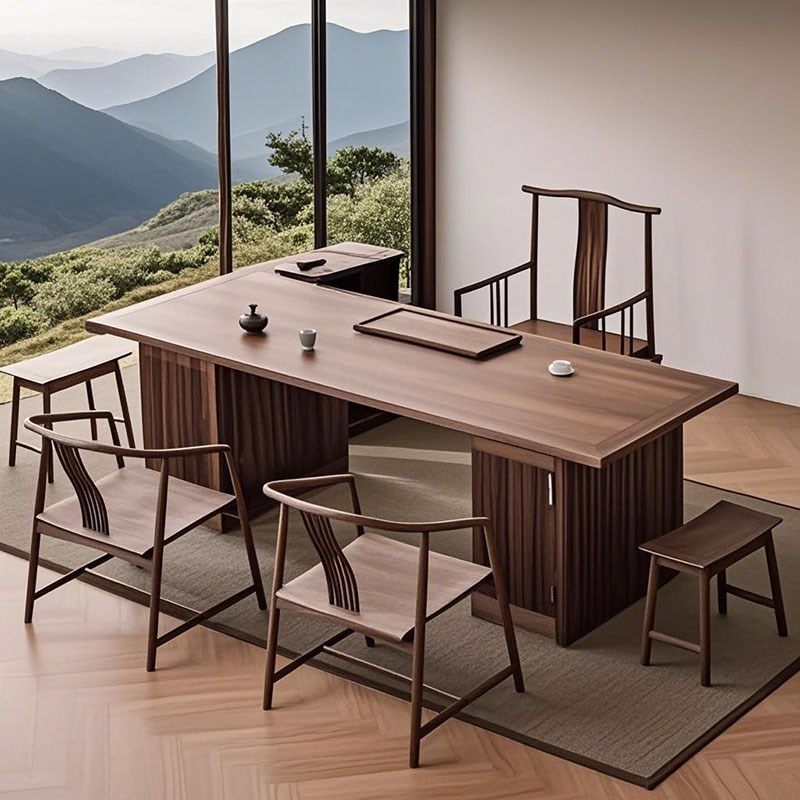 新中式禅意茶桌椅组合p实木办公桌黑胡桃白蜡名宿茶台木茶室茶桌