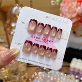 10片装 梵甲优品C419短方酒红法式 可拆卸预制甲