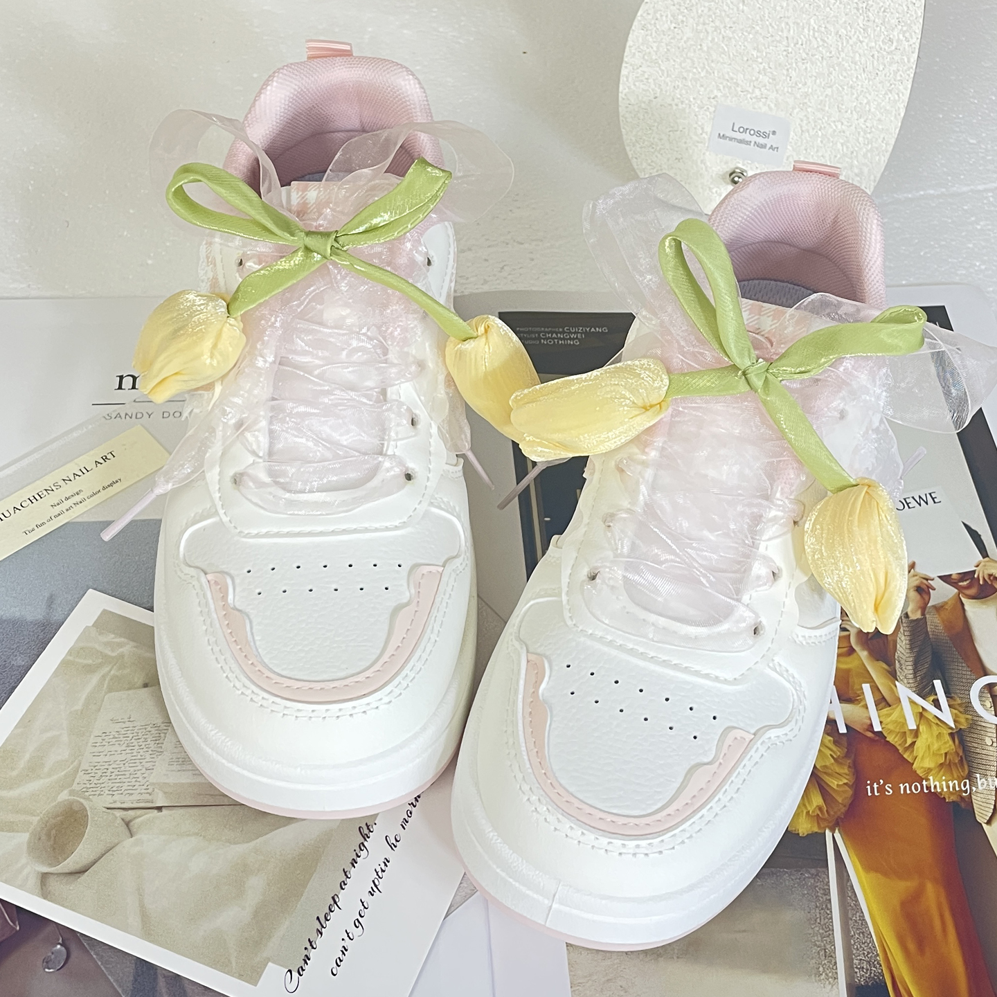 韩系珍珠蕾丝蝴蝶结鞋扣女郁金香