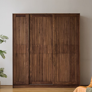 三马家具“格栅衣柜”北美黑胡桃木推拉开门全实木移门衣柜收纳柜