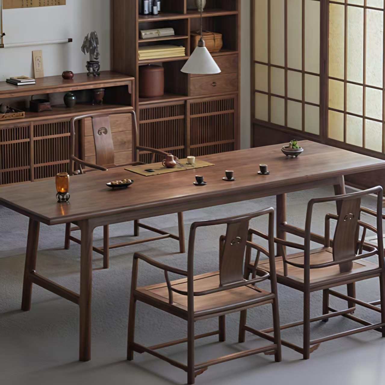 三马家具“拾隐”新中式黑胡桃木实木茶桌椅组合泡茶台长方大书桌