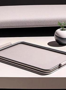 简约现代米色金属皮革托盘样板房酒店客厅桌面软装饰品收纳摆件