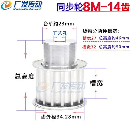 8M14齿 铝合金同步带轮 同步轮8M14T 齿数14 带宽27/32