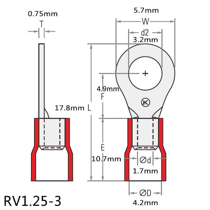 RV1.25-3圆形紫铜接线端子  M3绝缘护套电线冷压端子线鼻子绝缘端