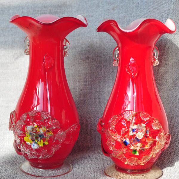 70年代料器琉璃玻璃花瓶蓝色橘色老物件一对价格桌面摆件卧室客厅