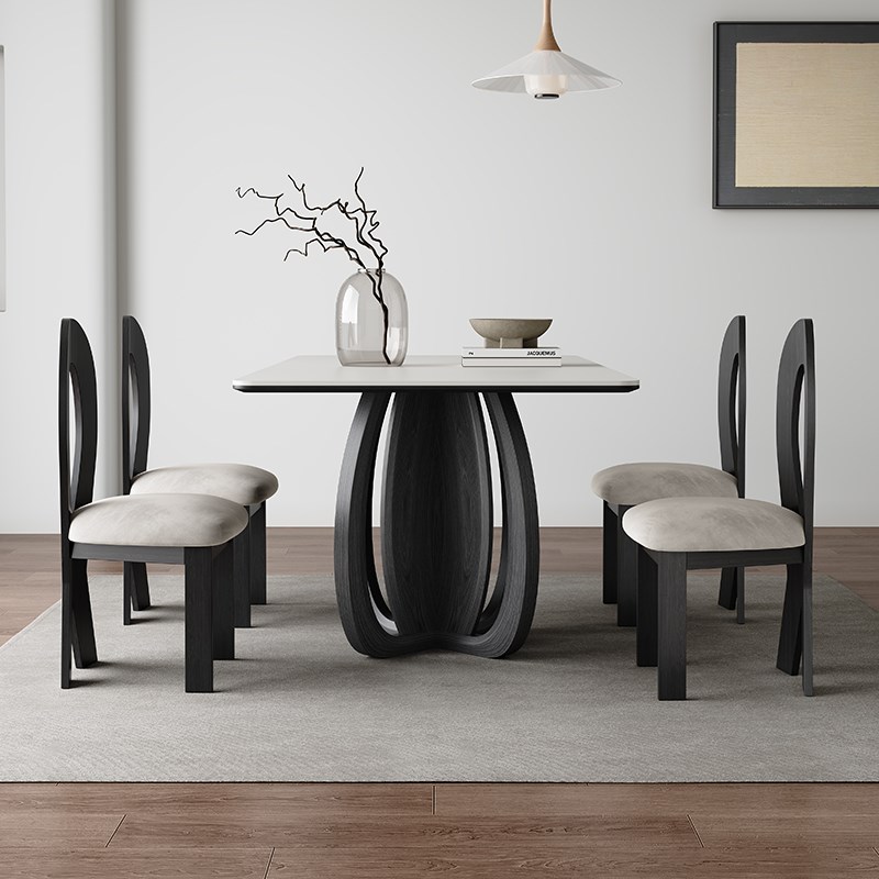 复古黑色实d木餐桌家用小户型现代简约轻奢长方形橡木白色岩板餐