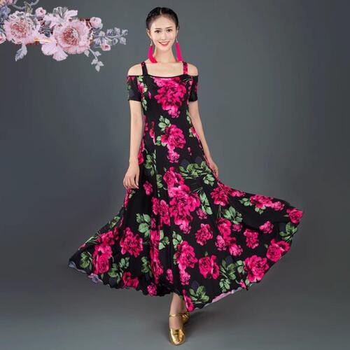 新款摩登舞裙国标舞露肩吊带短袖连衣裙交际舞华尔兹交谊舞演出服