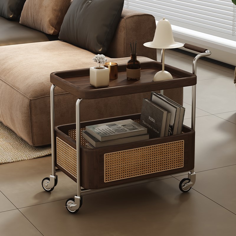 侘寂风北欧实木边几黑胡桃木收纳小推车客L厅沙发藤编角几置物边