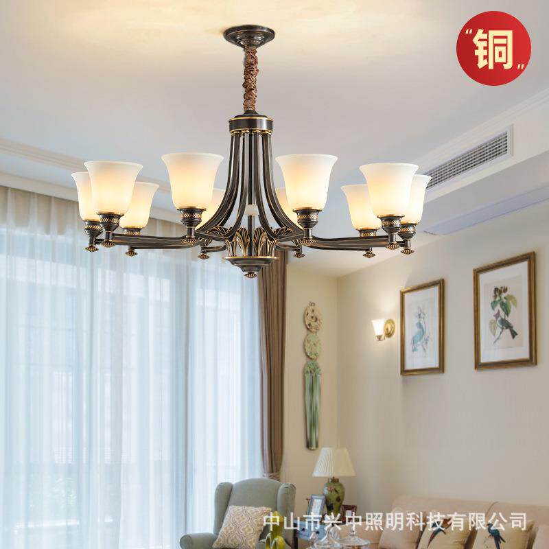 欧式别墅客厅全铜吊灯乡村田园卧室书房家用灯具美式复古简约餐厅