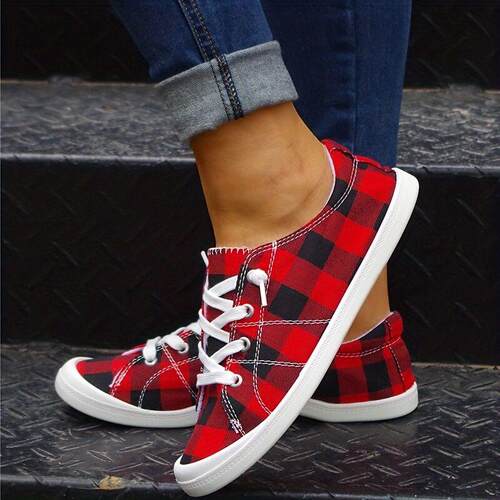 L 69611 Red plaid casual women's cloth shoes 大红格休闲女布