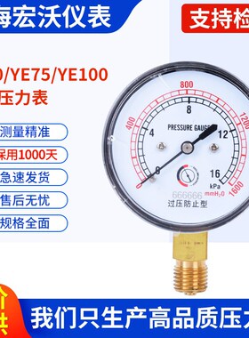 YE60YE75YE100膜盒压力表Kpa微压负压表 上仪宏沃 耐震不锈钢膜盒