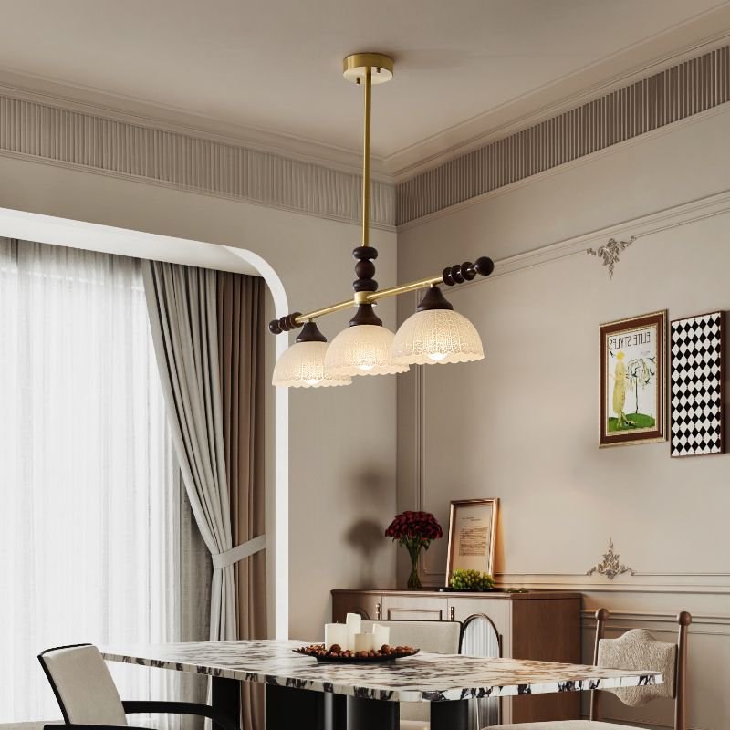 中古风实木餐厅吊灯法式复古风奶油风餐桌茶室吧台一字长条玻璃灯