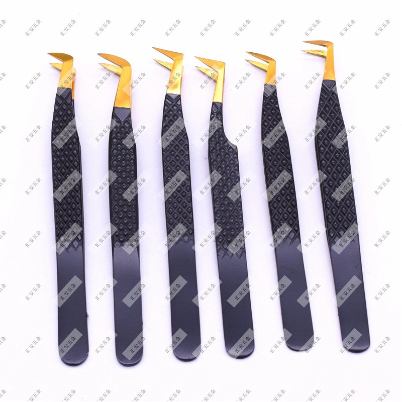 工厂供应黑金压纹纤维头镊子 fiber tips 高精密螺纹嫁接睫毛镊子