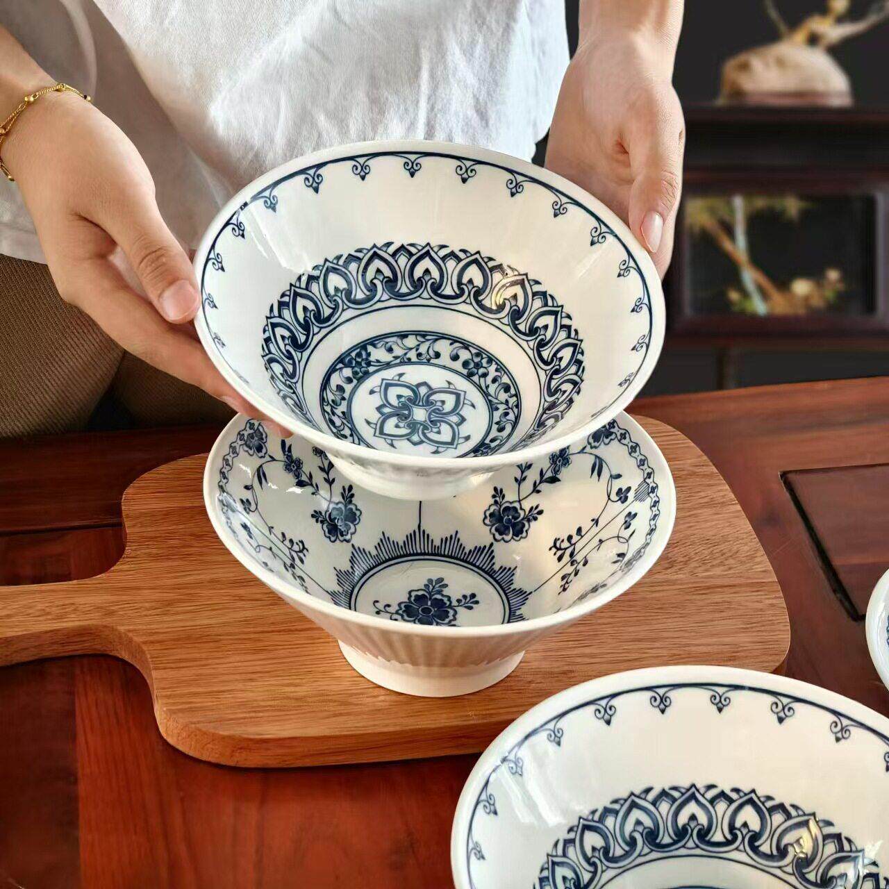 瓷县令7英寸复古青花华禧斗笠碗釉下彩中式商用家用斗笠碗4只装