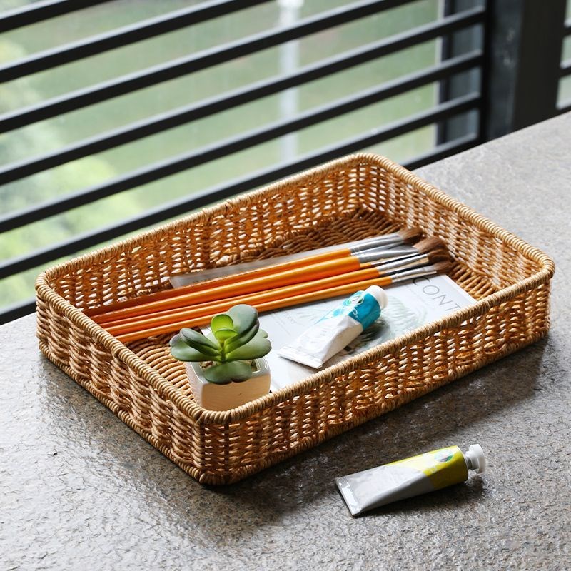 仿藤编水果篮子面包蔬菜收纳筐方形陈列展示框家用客厅馒头馍托盘