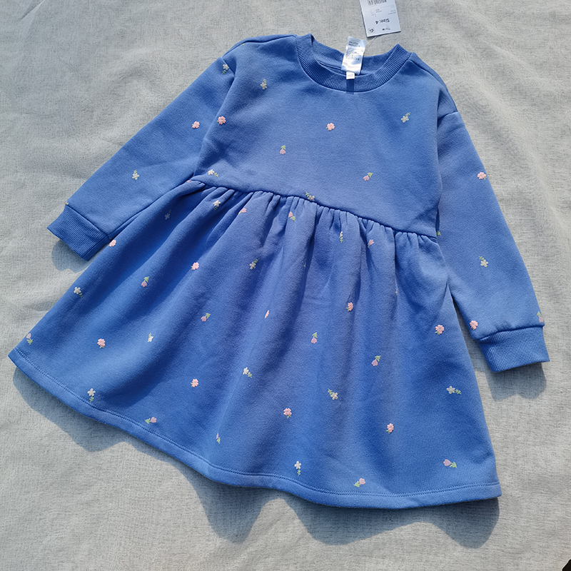 3样包邮4-9码澳单尾女童秋季 绒棉 蓝色小花卫衣裙连衣裙长袖套头