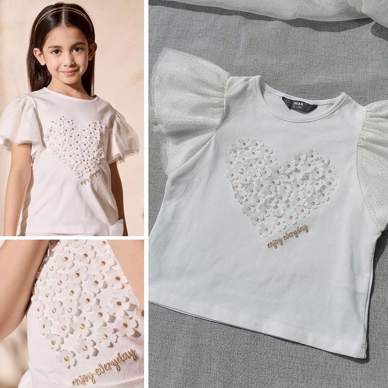 3样包邮2-7码 外单尾 女童 夏季全棉 白色大飞袖T恤立体花朵爱心