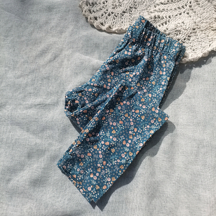 3件包邮 法单 思~女童 春秋 蓝色碎花小花 打底裤 修身长裤