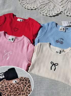 3件包邮 2-10码澳单cott*n女童春秋螺纹棉百搭长袖T恤打底衫刺绣