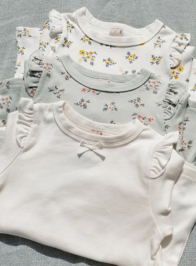 3样包邮100-130 日单pm尾女童春秋全棉 飞袖小花长袖T恤打底衫