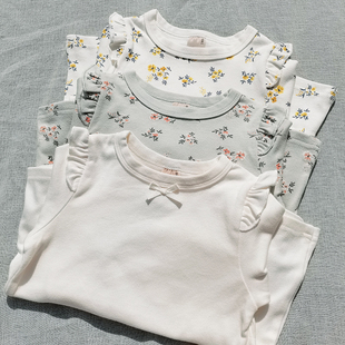 3样包邮100-130 日单pm尾女童春秋全棉 飞袖小花长袖T恤打底衫