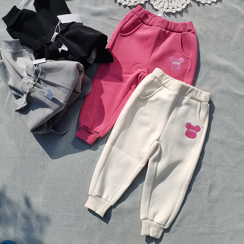 3件包邮105-150 女童秋冬款 一体绒加绒绣小熊 收脚运动裤休闲裤