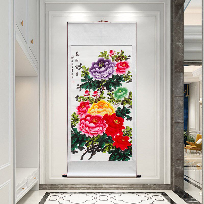 纯手绘国画富贵牡丹客厅玄关装饰画中式中堂竖轴挂画卷轴装裱