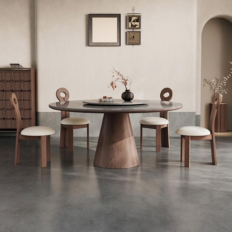 岩板餐桌实木圆形现代简约轻奢家用小户型电磁炉高端带转盘圆饭桌
