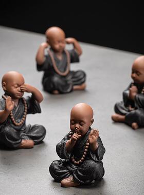 炼器 黑陶紫砂四不小和尚微景观造景摆件 中式禅意家居客厅装饰品