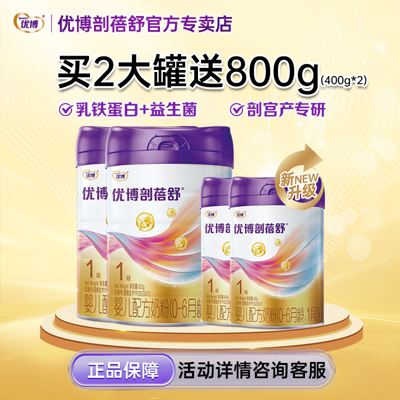 【买2送2】优博剖蓓舒1段婴幼儿奶粉法国奶源800g*2+400g*2罐组合