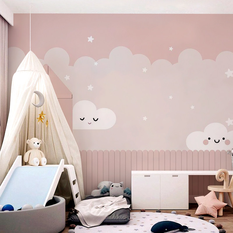 简约现代温馨儿童房墙纸女孩房卧室房间粉色墙布公主房床头壁纸