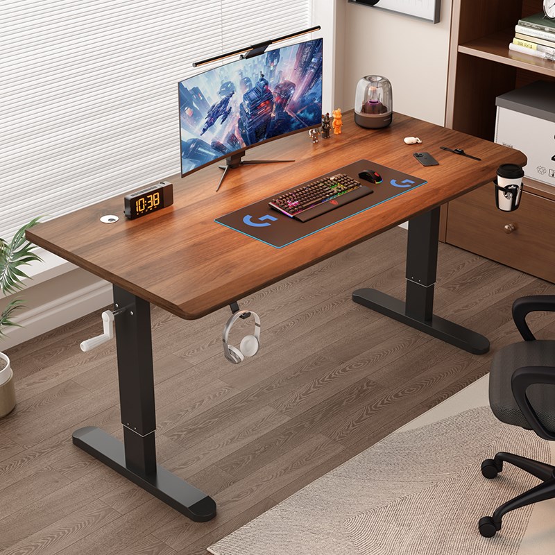 实木升降桌家用电脑桌台式桌子工作台书桌学生家用手摇调节办公桌
