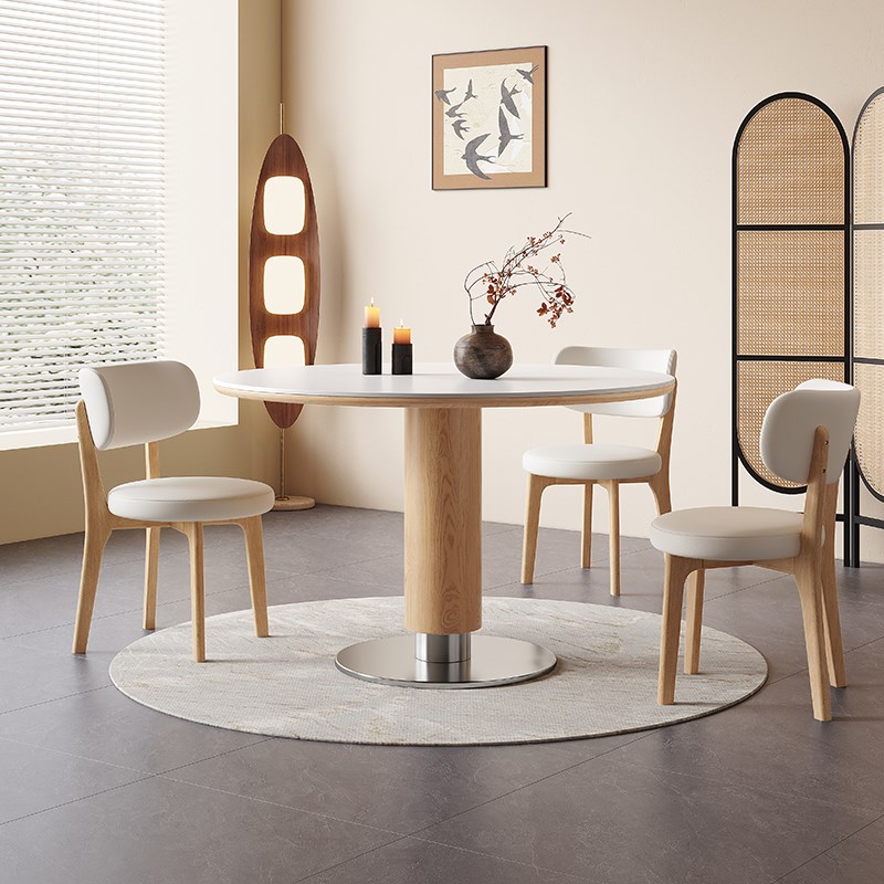 中古风圆桌家用小户型实木岩板餐桌椅组合设计师款复古圆形小餐桌