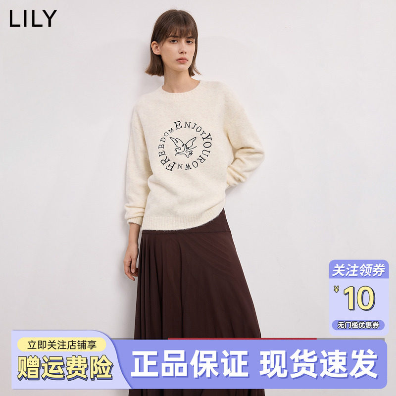 LILY2025冬新款女装艺术感撞色小鸟绣花软糯圆领米白色针织衫毛衣