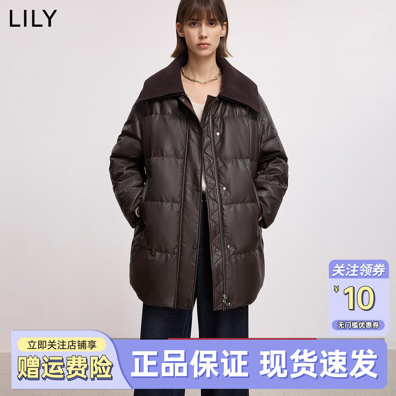 LILY2025冬新款女装复古针织翻领PU皮90鸭绒通勤羽绒服外套中长款