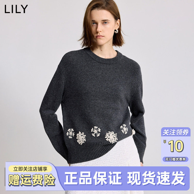 LILY2025冬新款羊毛混纺格雷系手工蕾丝雪花钩花套头针织衫毛衣女