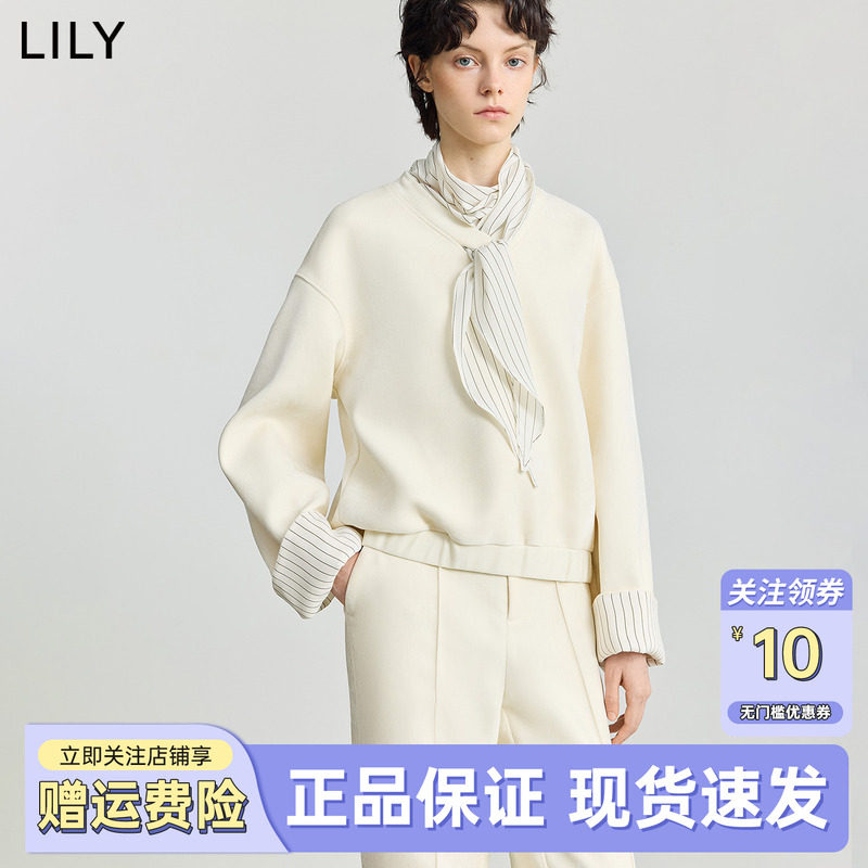 LILY2025冬新款设计感条纹飘带领雪尼尔休闲落肩长袖米白色卫衣女