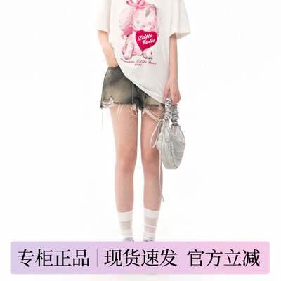 乐町夏季新款系带洗水牛仔短裤C1HBE2226