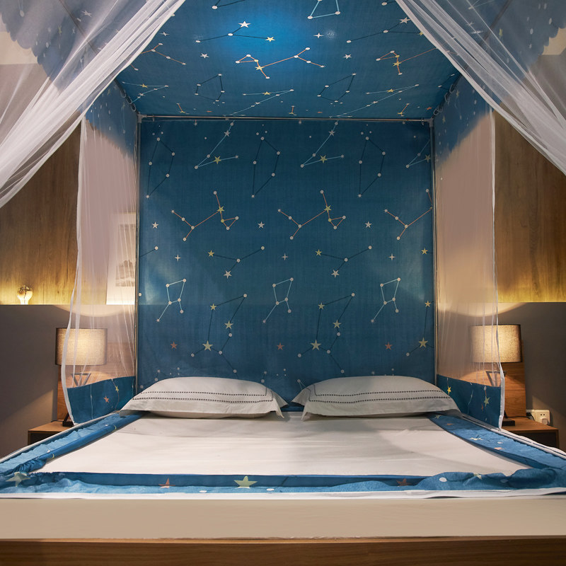 遮光防蚊两用家用蚊帐布帘一体全封闭1.5m蒙古包式拉链方帐公主风