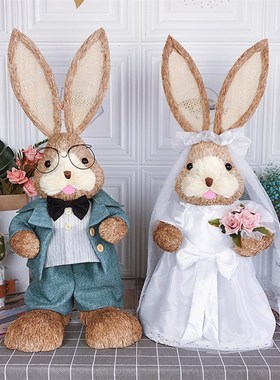 森系婚礼草编兔子摆件大号情侣创意可爱花园仿真兔子摆件家居饰品