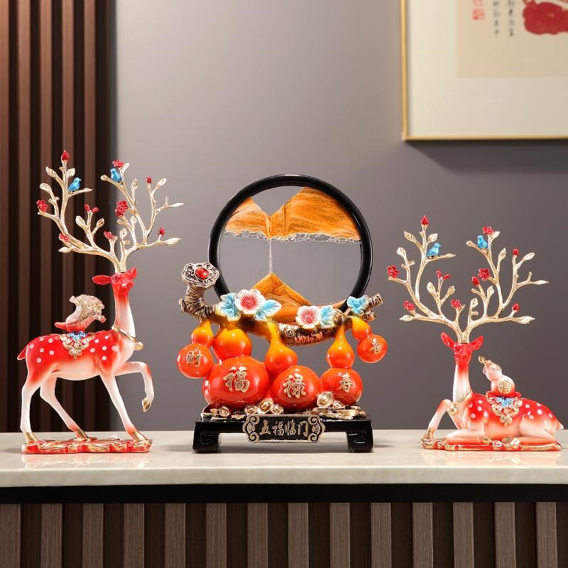 客厅玄关电d视柜酒柜装饰招财鹿五福临门摆件中式葫芦流沙乔迁礼